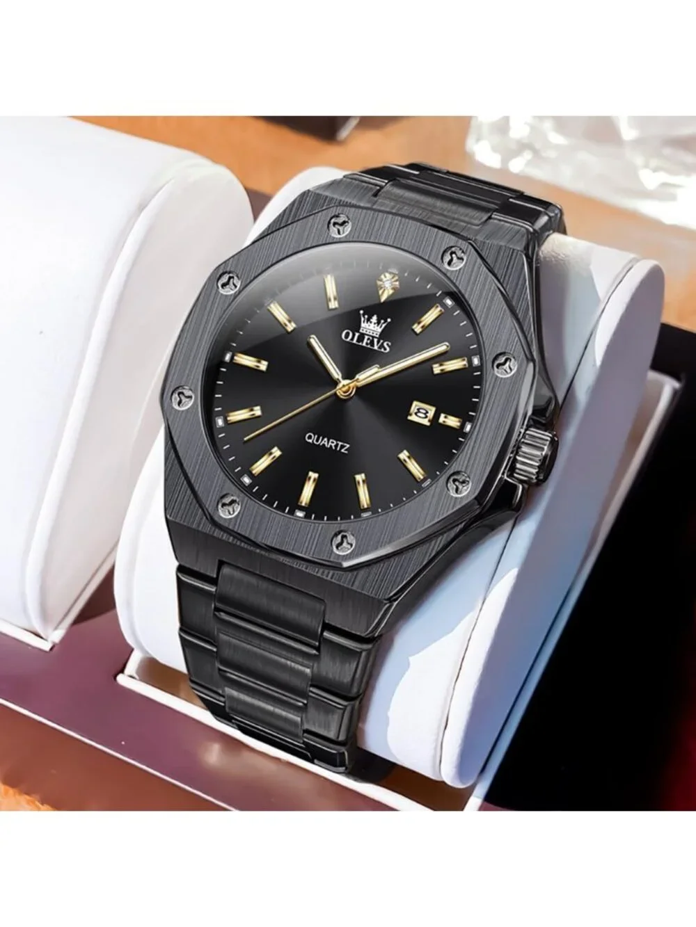 Mens Black Luxury Stainless Steel Octagon Analog Quartz Classic Waterproof Watch